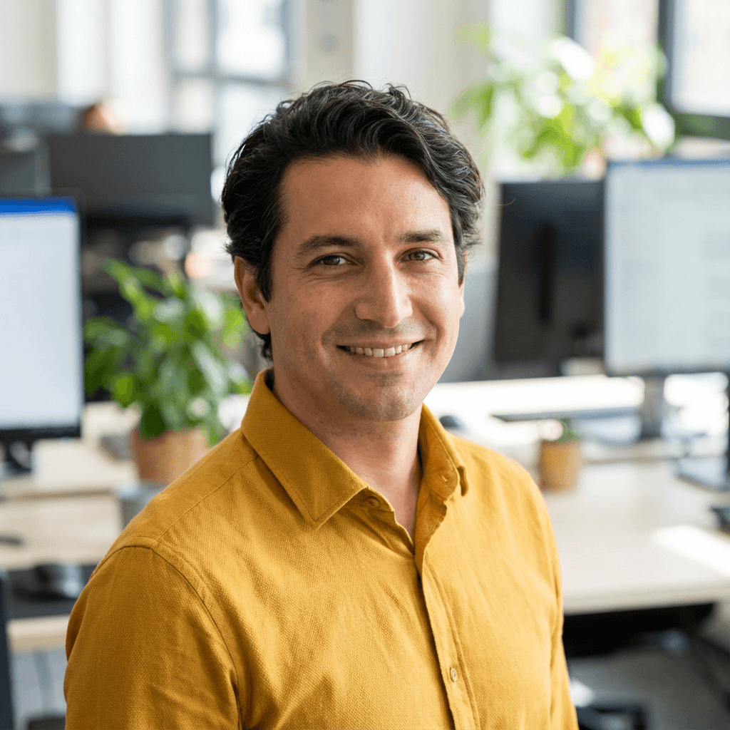 Male customer in his late 30s, white or Hispanic, relaxed confident style