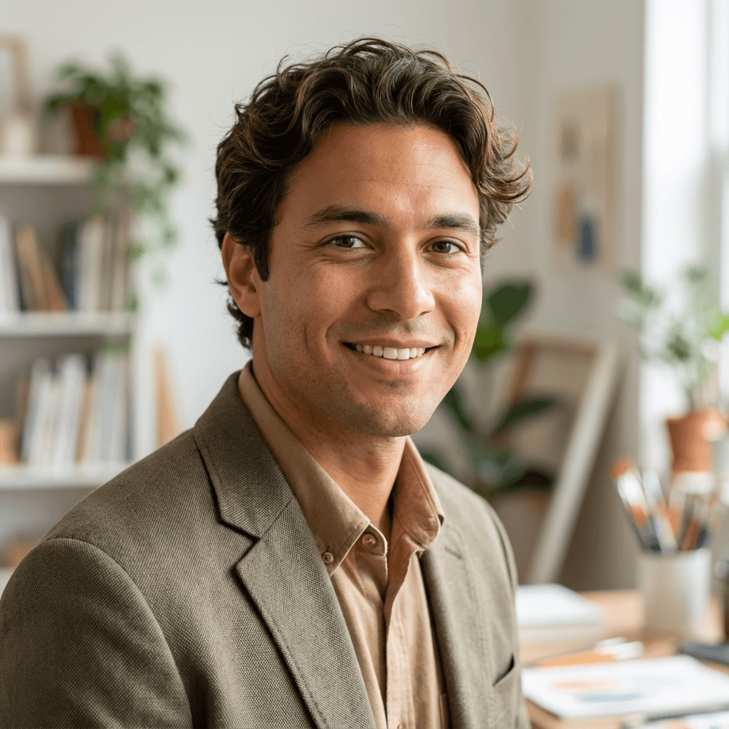 Male customer in his early 30s, white, casual style suitable for a freelance designer
