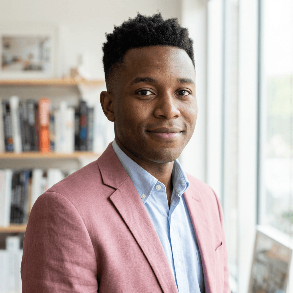 Daniel Okafor at a desk with a smartphone and accessories