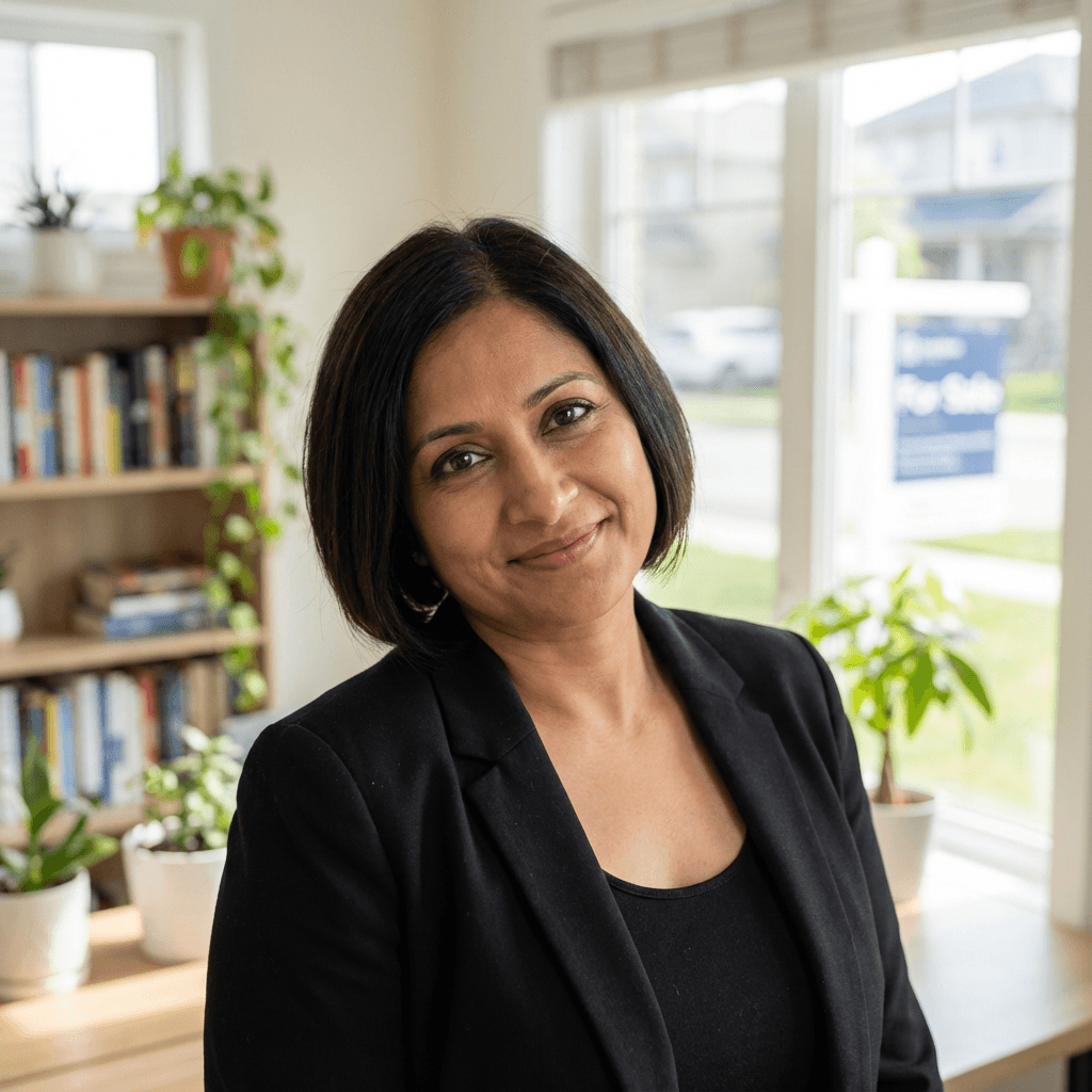 Priya Sharma standing in a modern living room with a refurbished television