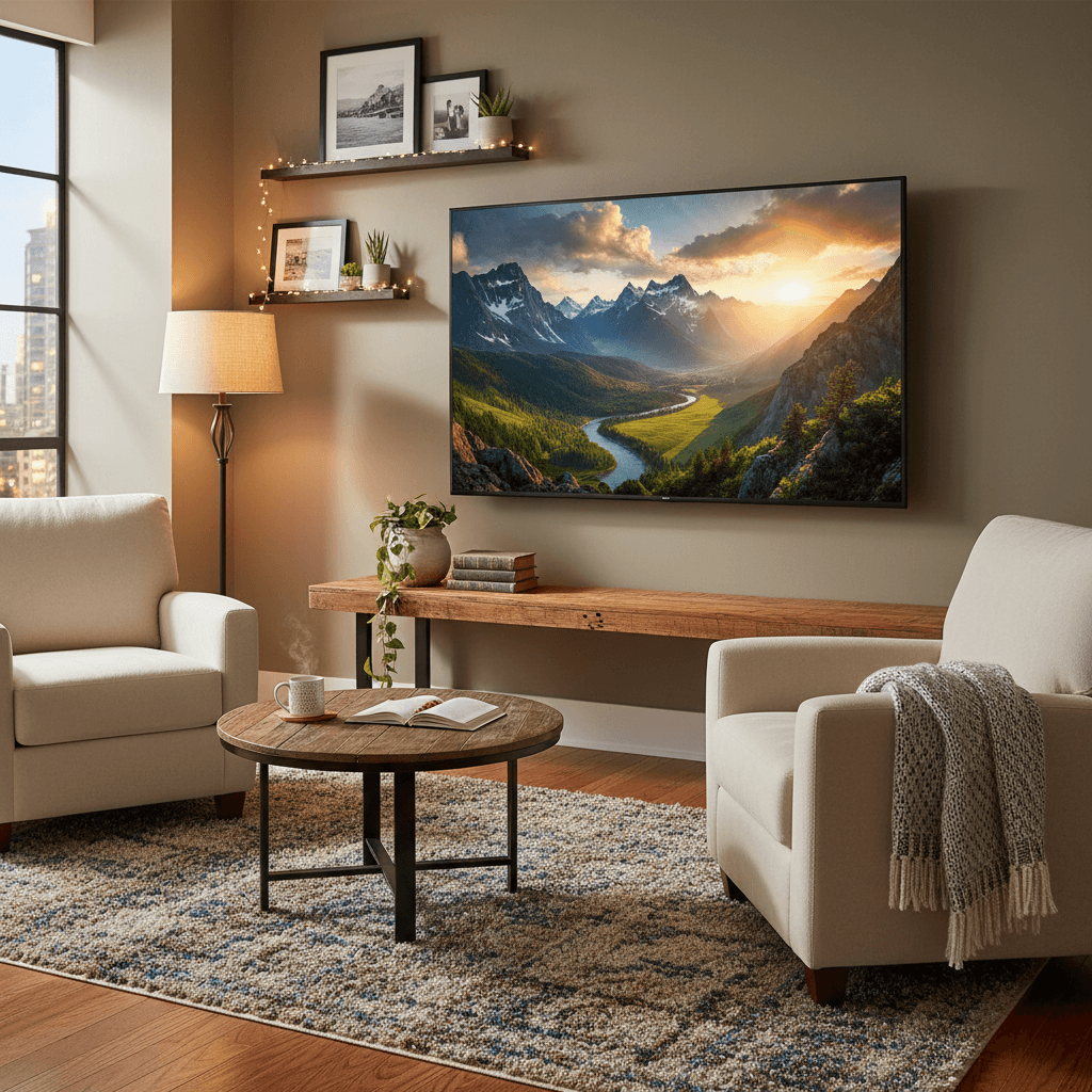 A wall-mounted television in a living room showing a vivid, clear picture