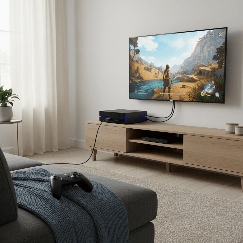 A gaming console connected to a television with a controller nearby in a living room