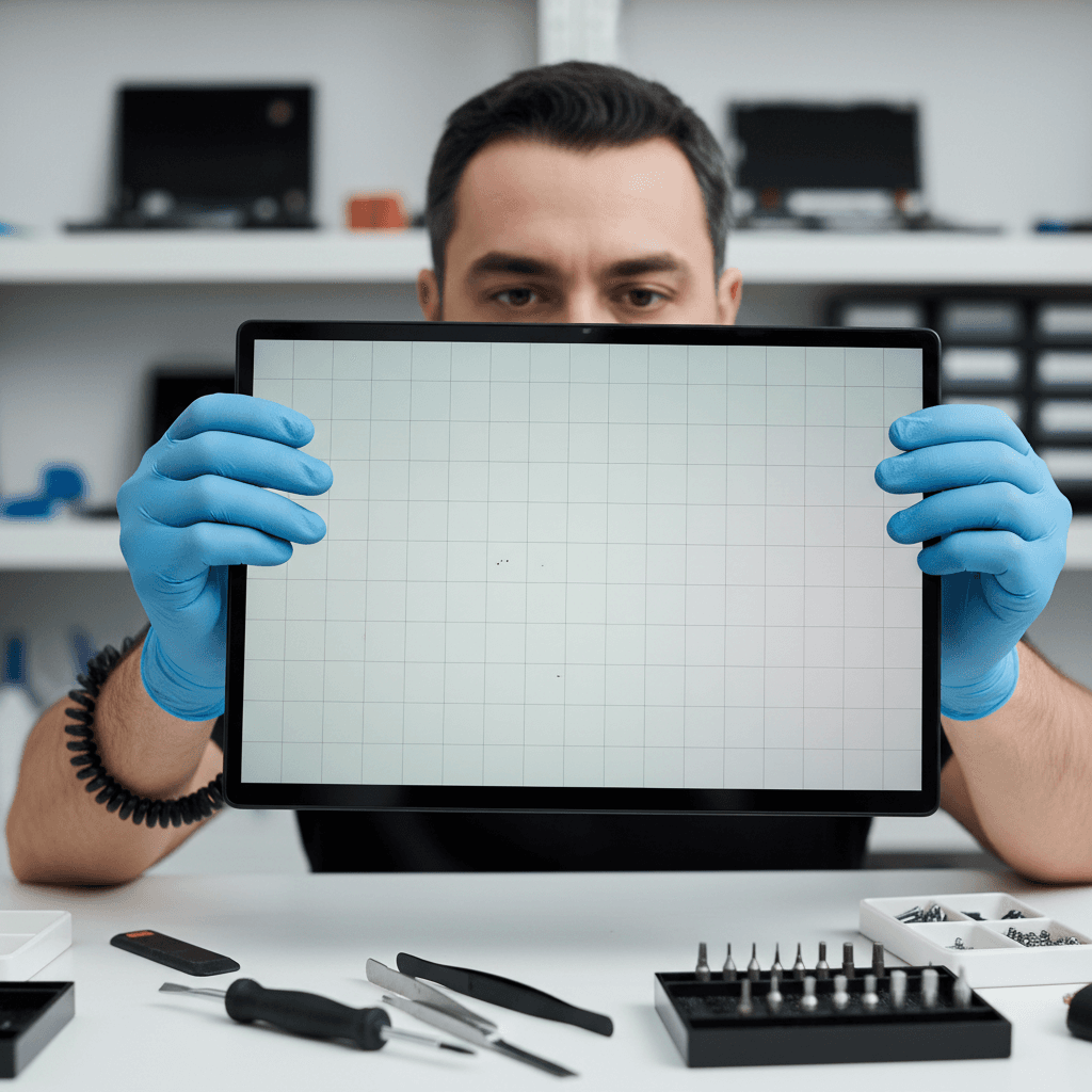 Inspecting a refurbished laptop screen for defects in a workshop