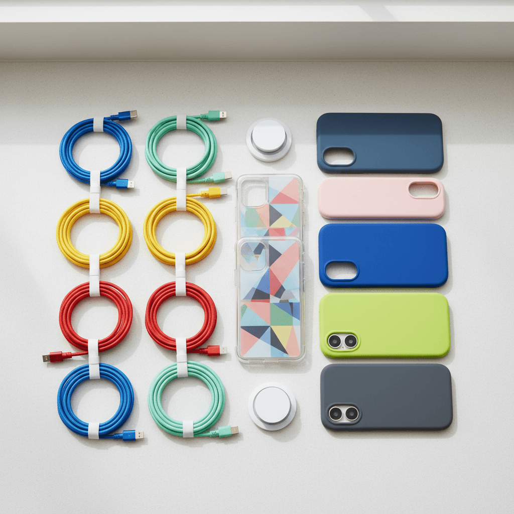 Phone chargers and cases on a counter