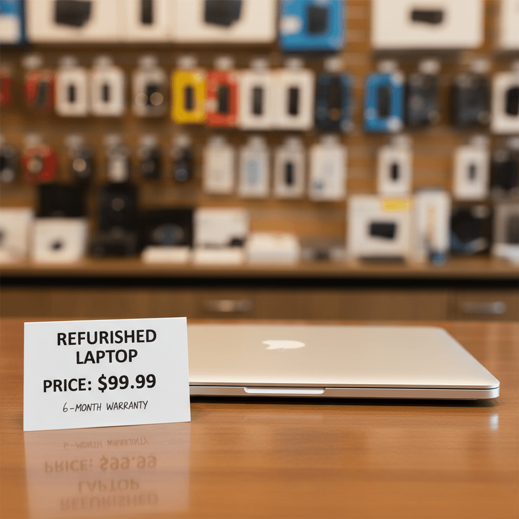 A price tag beside a refurbished laptop on a shop counter