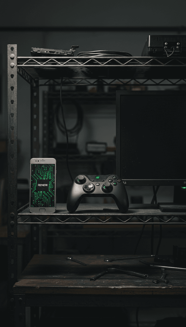 Refurbished phone, controller, and monitor on shelf