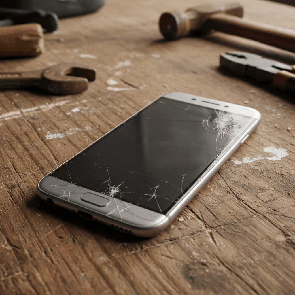 A used smartphone photographed on a plain workbench showing its actual condition