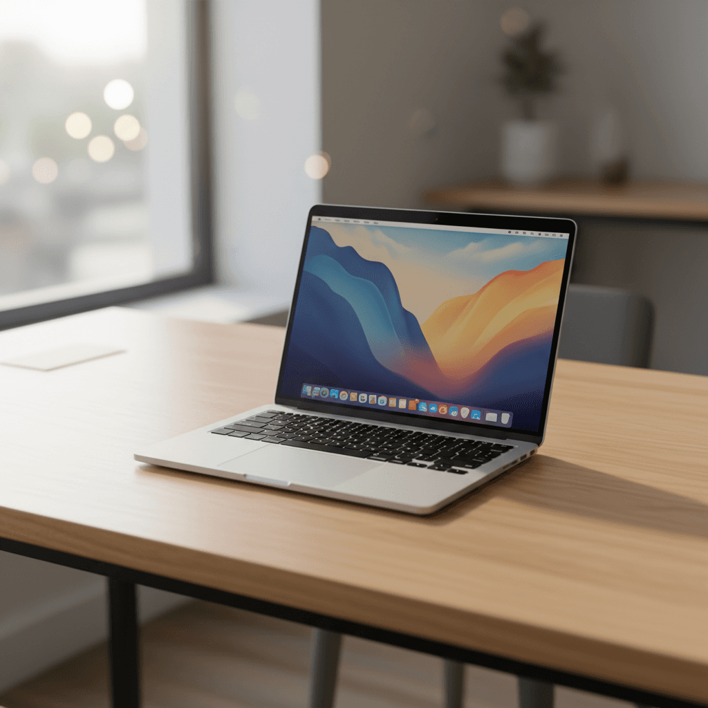 Refurbished MacBook on wooden desk