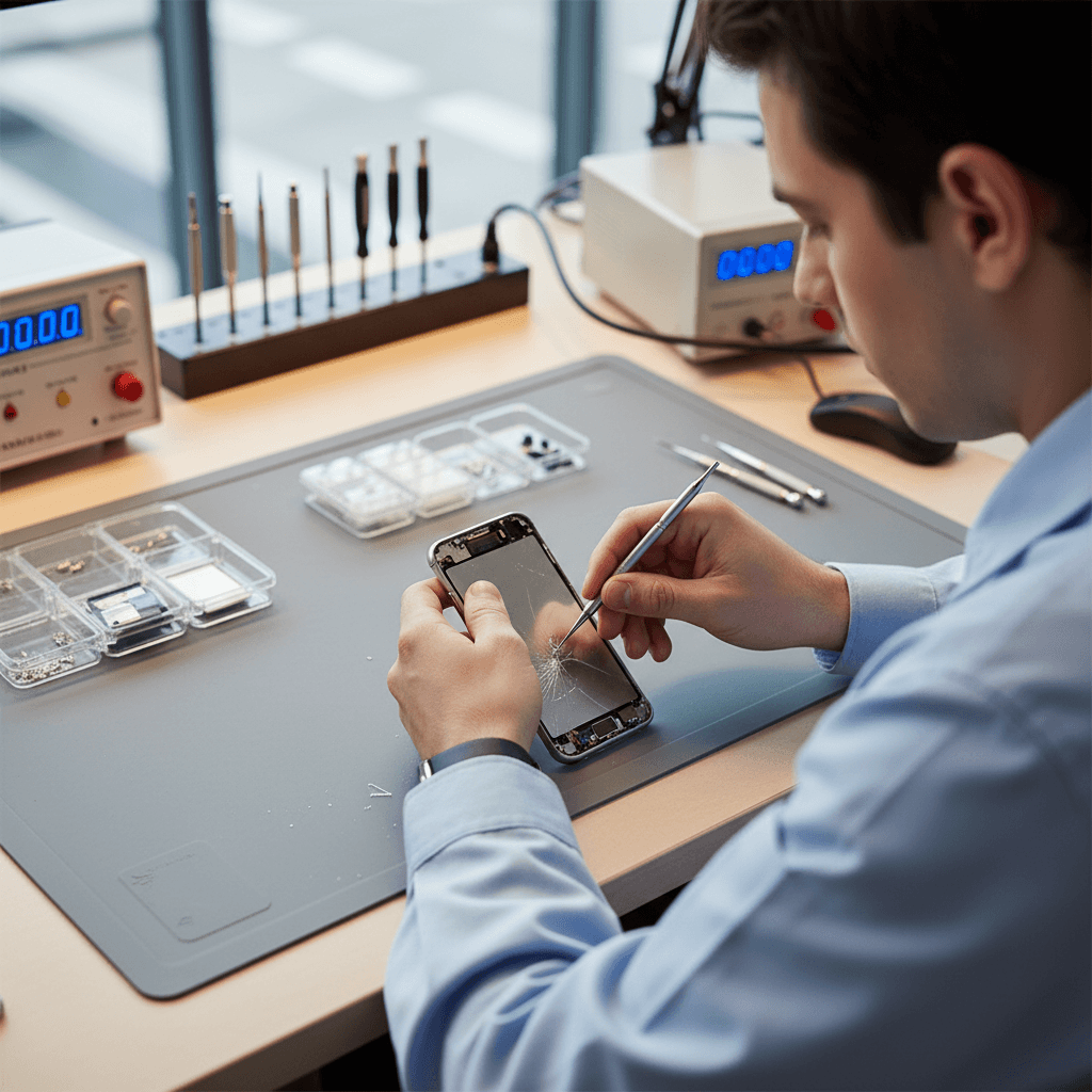 Row of second-hand smartphones on a dark counter