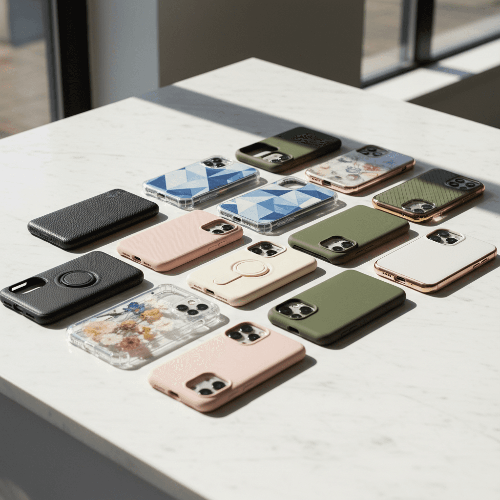 Variety of phone cases stacked on a shelf