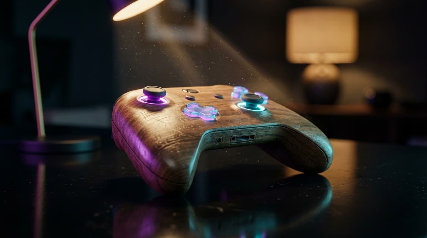 Gaming console on a wooden shelf with controllers